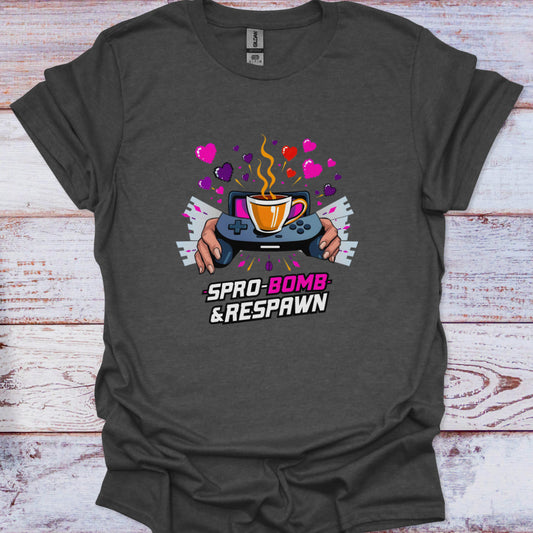 Dark gray t-shirt with colorful graphic design on a wooden surface