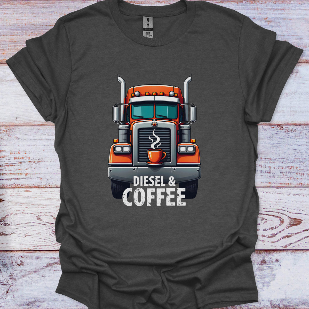 Gray t-shirt with a truck graphic and 'Diesel & Coffee' text on a wooden surface