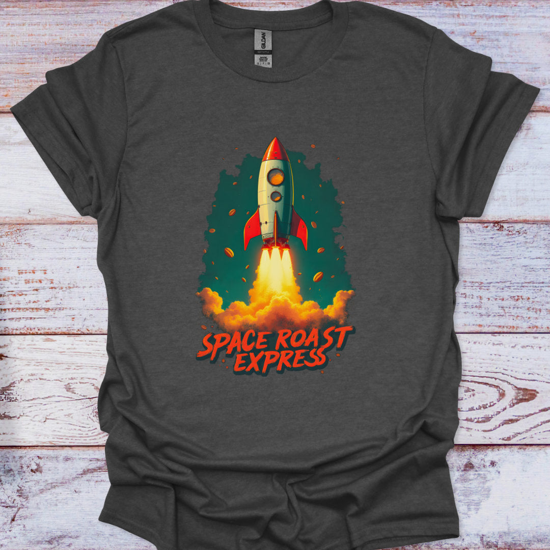 Gray t-shirt with a rocket graphic and 'Space Roast Express' text on a wooden surface