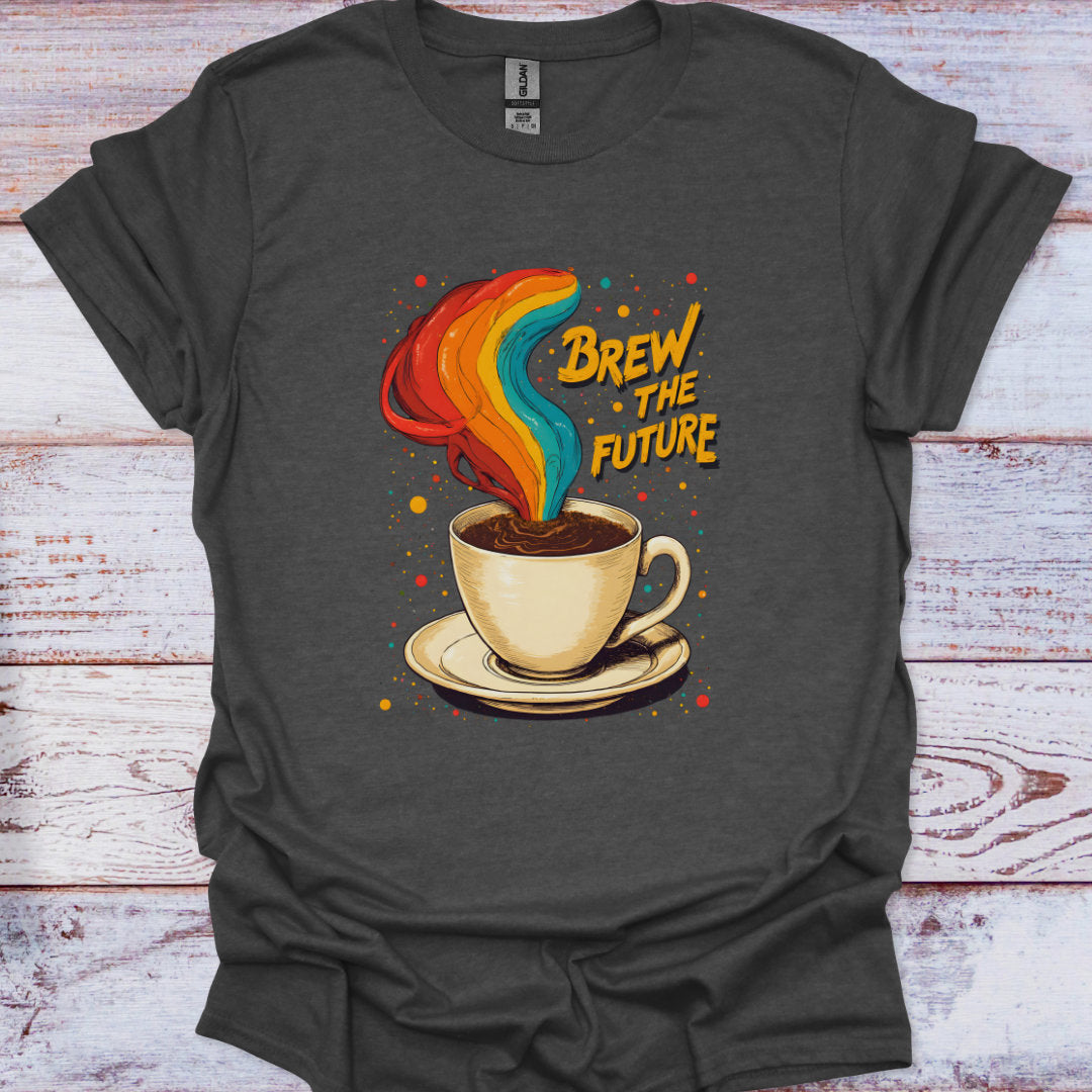 Dark gray t-shirt with a coffee cup graphic and 'Brew the Future' text on a wooden surface.