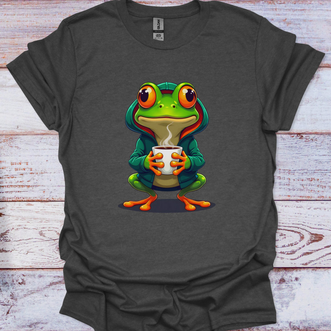 Gray t-shirt with a colorful frog graphic holding a cup on a wooden surface