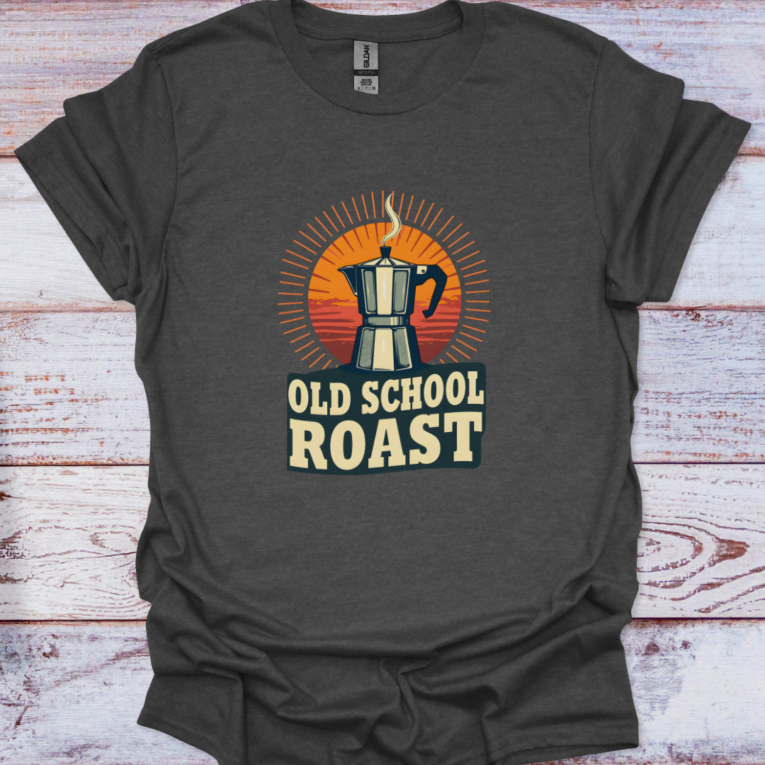 Dark gray t-shirt with 'Old School Roast' graphic on a wooden surface