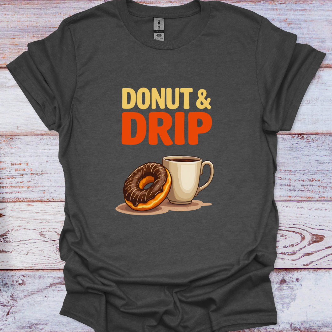 Dark gray t-shirt with 'Donut & Drip' graphic on a wooden surface