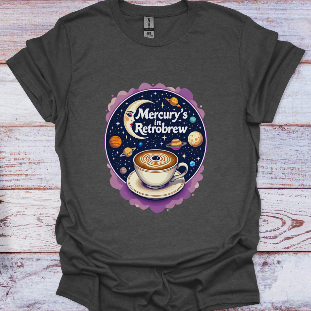 Dark gray t-shirt with a coffee-themed graphic on a wooden surface