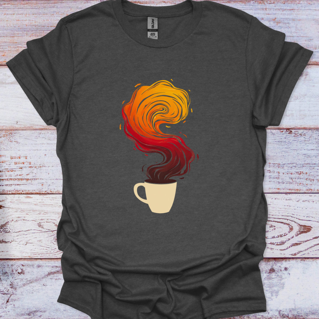 Dark gray t-shirt with a coffee cup and steam graphic on a wooden surface