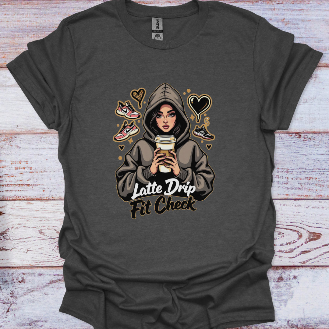 Dark gray t-shirt with a graphic of a person in a hoodie holding a coffee cup, surrounded by heart and shoe designs on a wooden surface.
