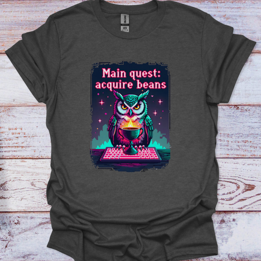 Dark gray t-shirt with an owl graphic and text on a wooden surface