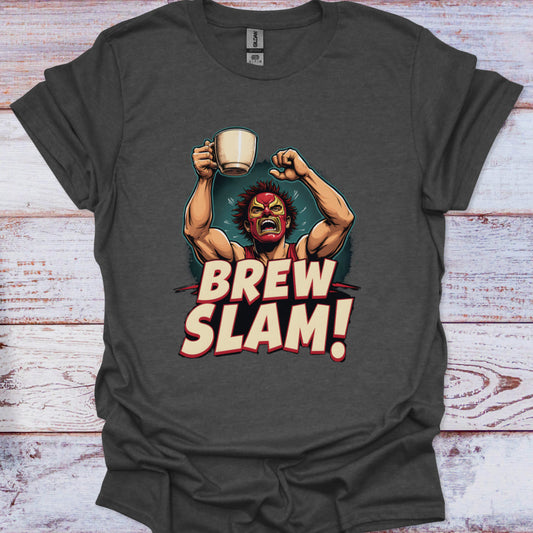 Gray t-shirt with a graphic of a muscular character holding a mug and 'Brew Slam!' text on a wooden surface.