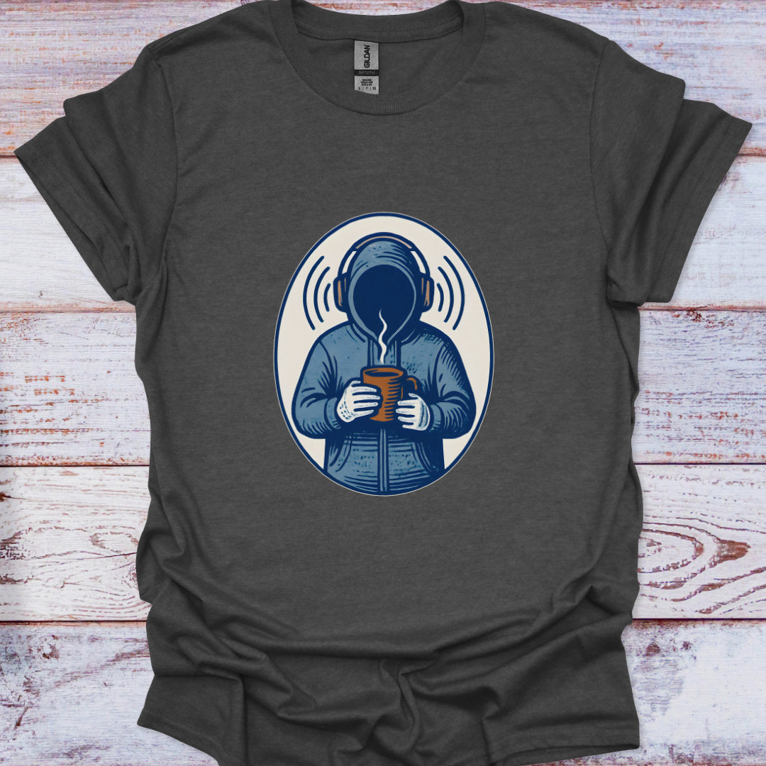 Dark gray t-shirt with a graphic of a person in headphones drinking from a cup on a wooden surface.