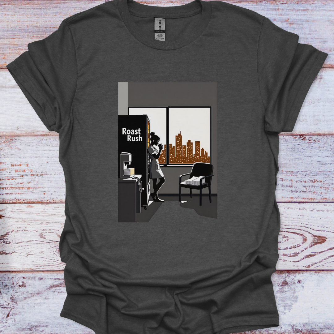Gray t-shirt with a graphic design of a person in a room with a cityscape view and 'Roast Rush' sign.
