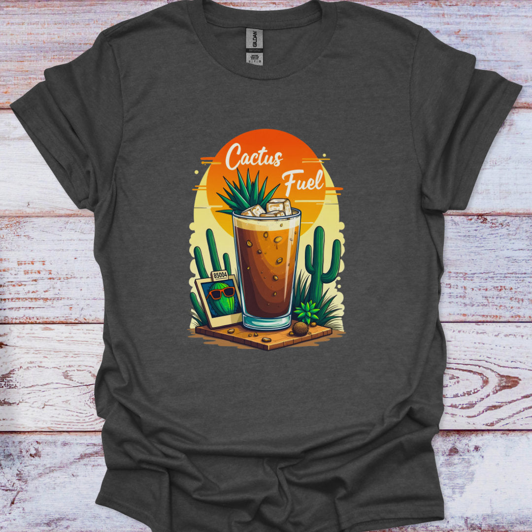 Dark gray t-shirt with a graphic of a glass of iced coffee and cacti on a wooden surface