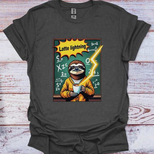 Gray t-shirt with a graphic of a sloth holding a cup labeled 'Latte lightning' on a wooden surface.