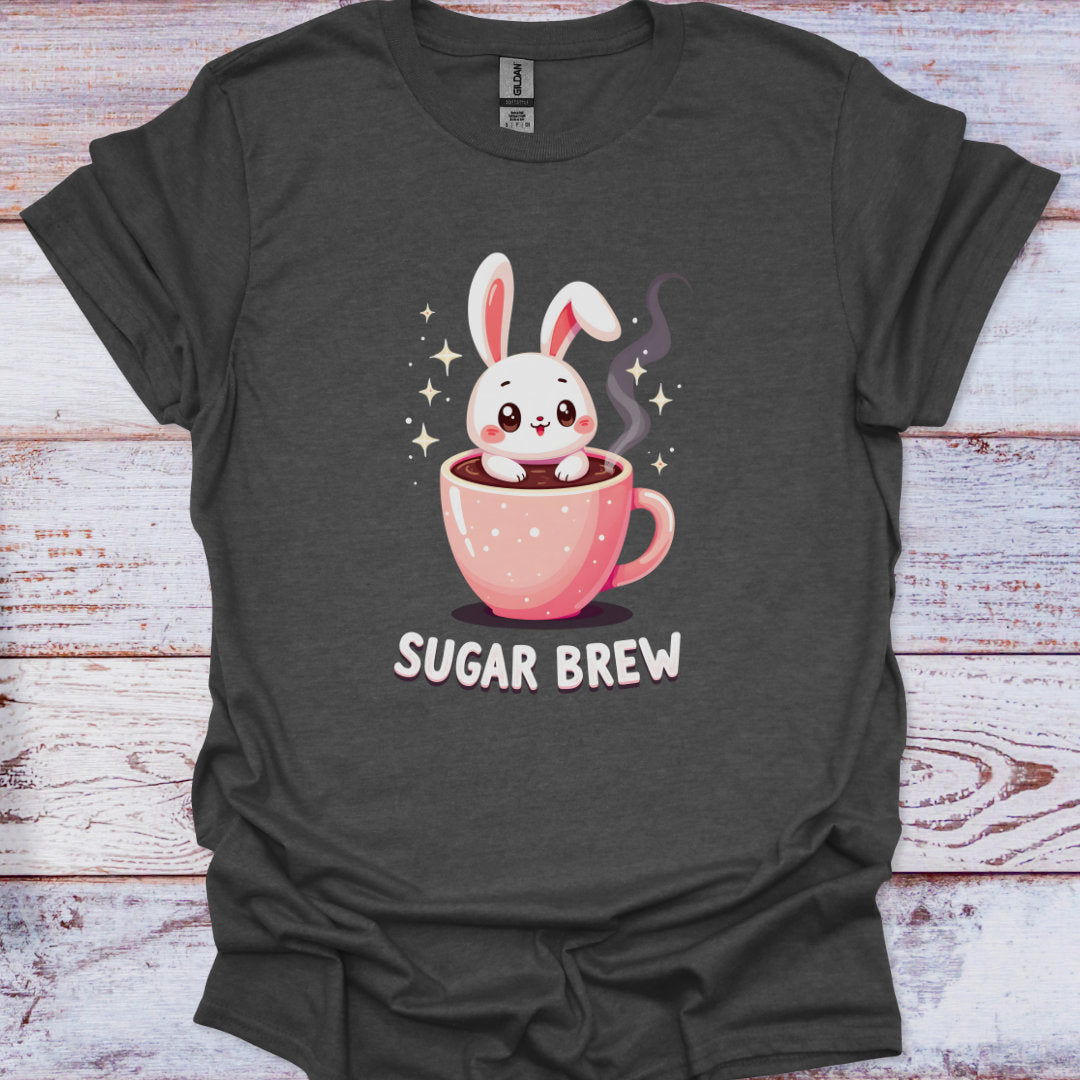 Dark gray t-shirt with a cartoon bunny in a pink mug and 'Sugar Brew' text on a wooden surface.
