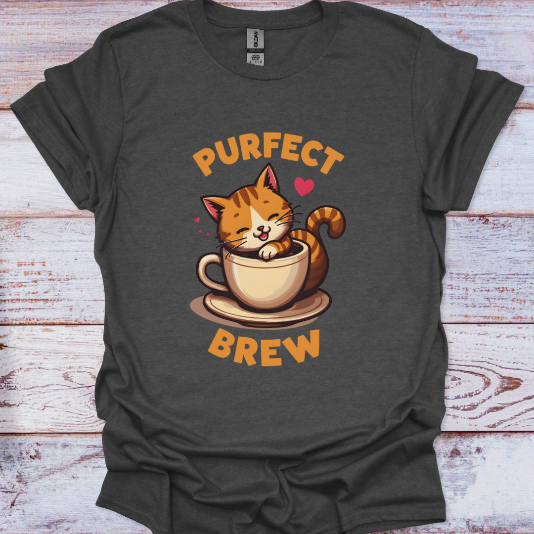 Dark gray t-shirt with a cat in a coffee cup graphic and 'PURFECT BREW' text on a wooden surface.