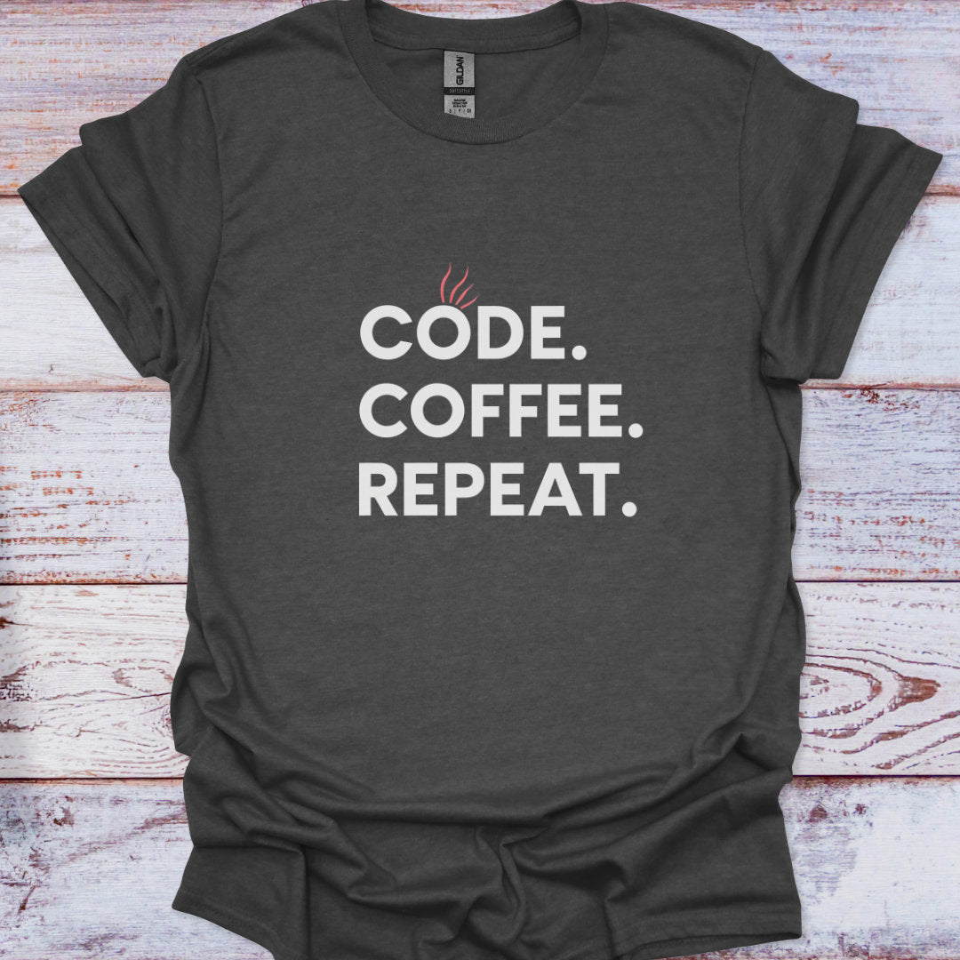 Dark gray t-shirt with 'CODE. COFFEE. REPEAT.' text on a wooden surface