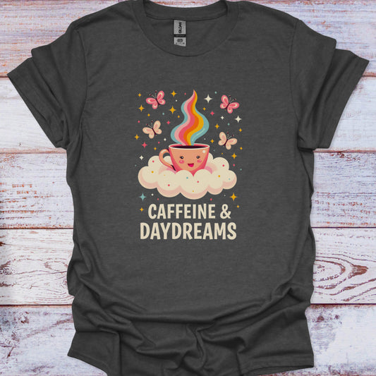 Dark gray t-shirt with a coffee cup graphic and 'Caffeine & Daydreams' text on a wooden surface
