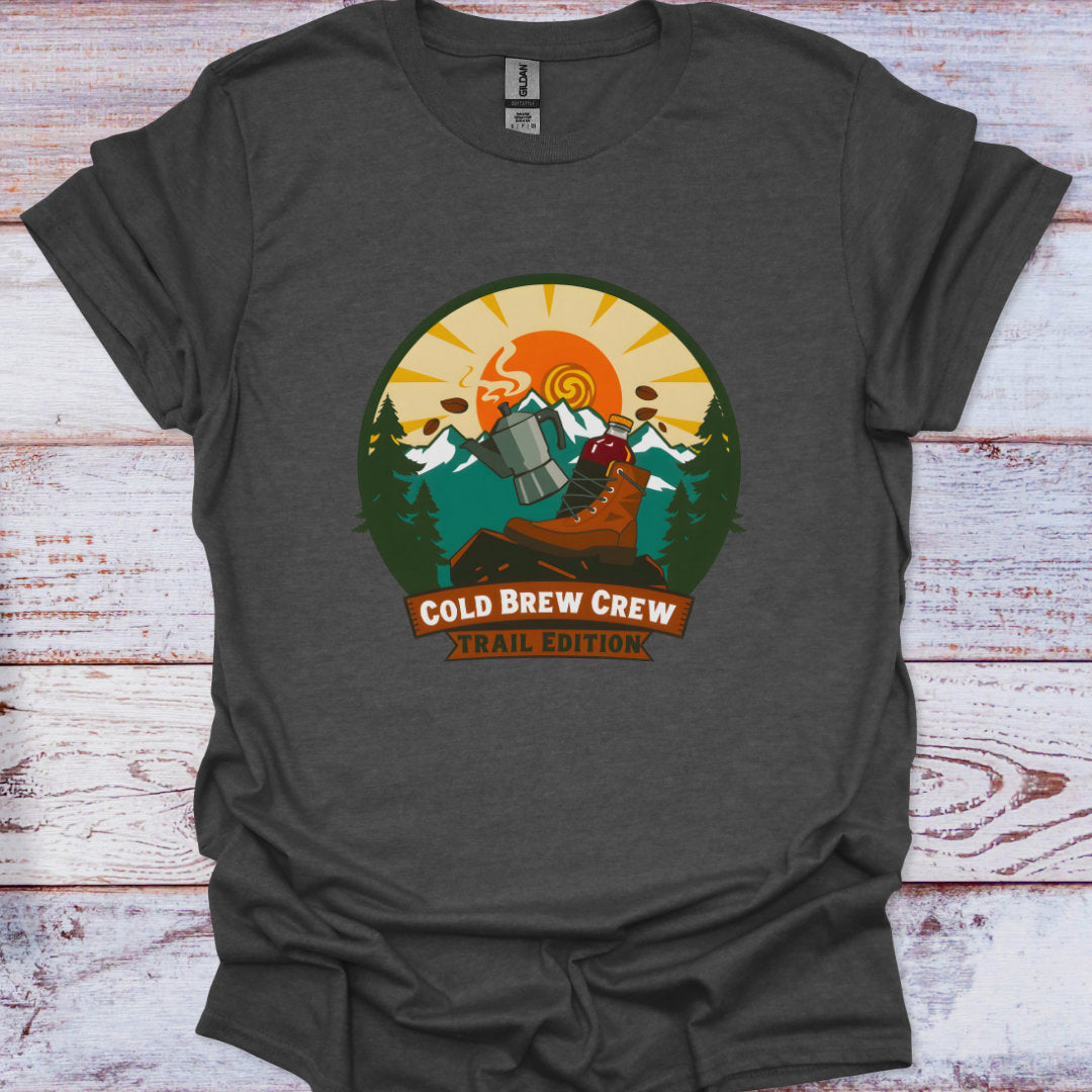 Dark gray t-shirt with 'Cold Brew Crew' graphic on a wooden surface