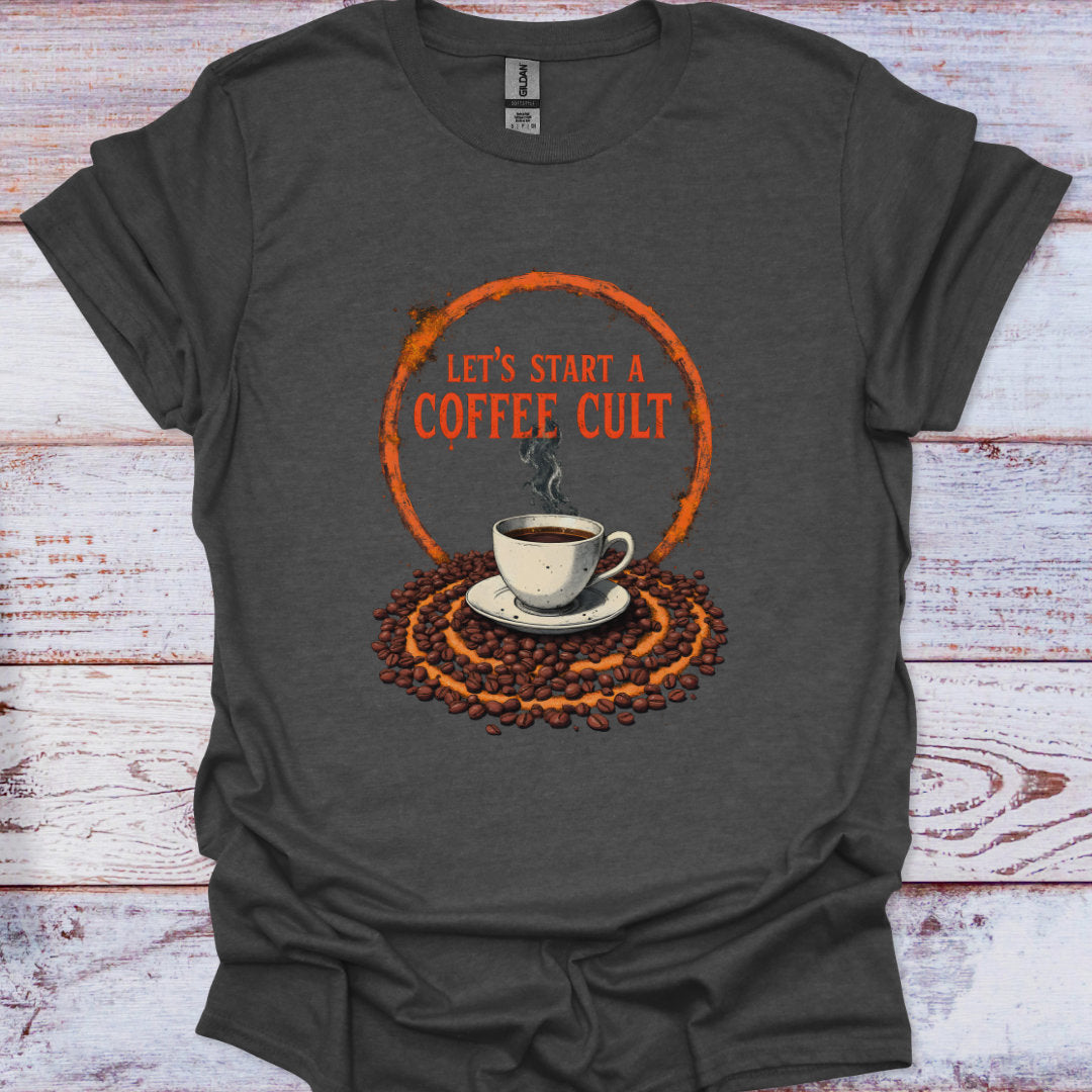 Dark gray t-shirt with a coffee-themed graphic and text on a wooden surface