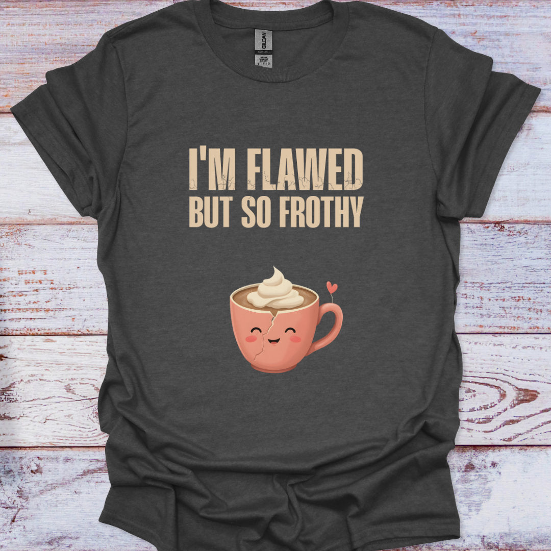 Dark gray t-shirt with a cartoon coffee cup and text on a wooden surface