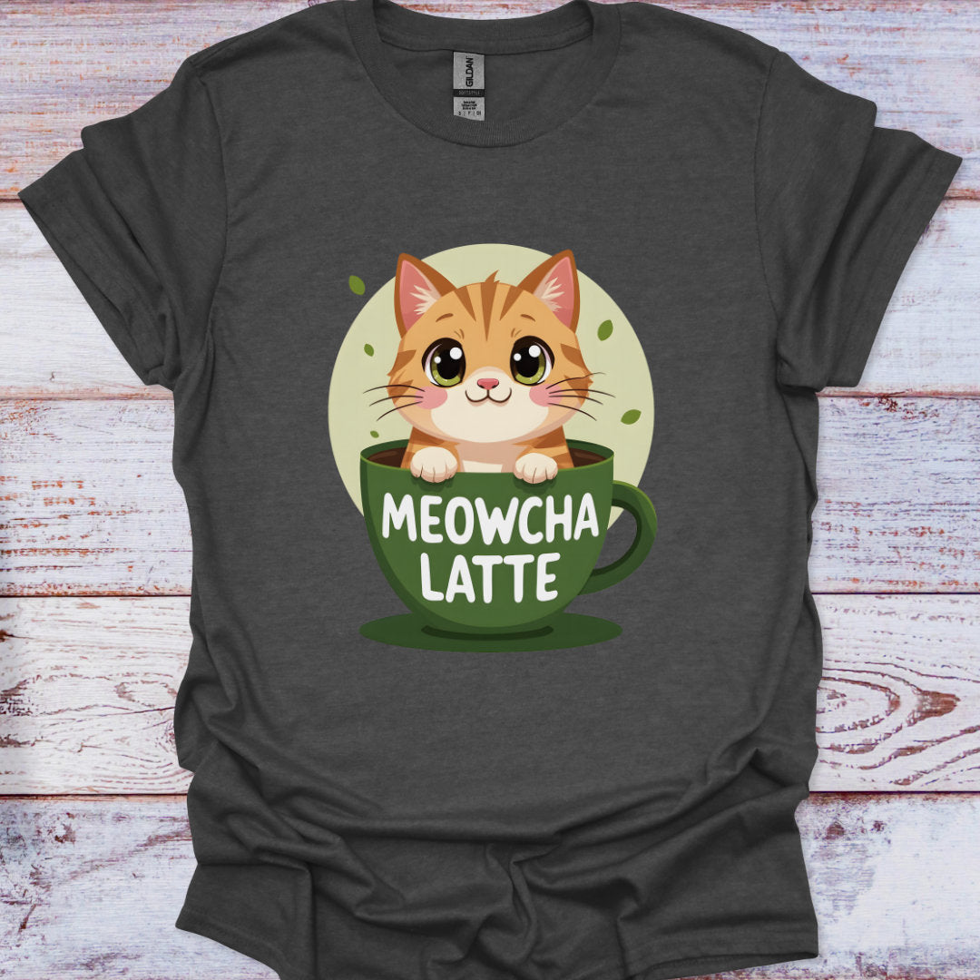 Dark gray t-shirt with a cat in a coffee cup graphic on a wooden surface