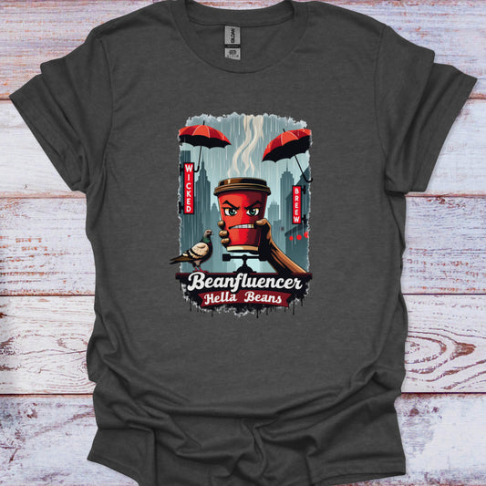 Dark gray t-shirt with a graphic design of a coffee cup and text on a wooden surface