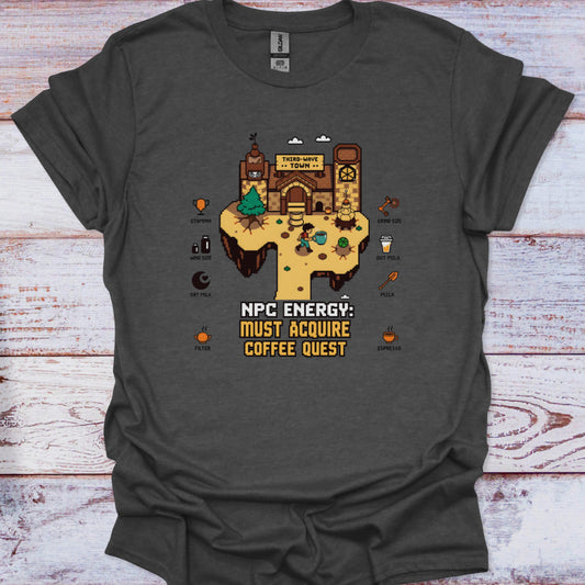 Dark gray t-shirt with a graphic design on a wooden surface