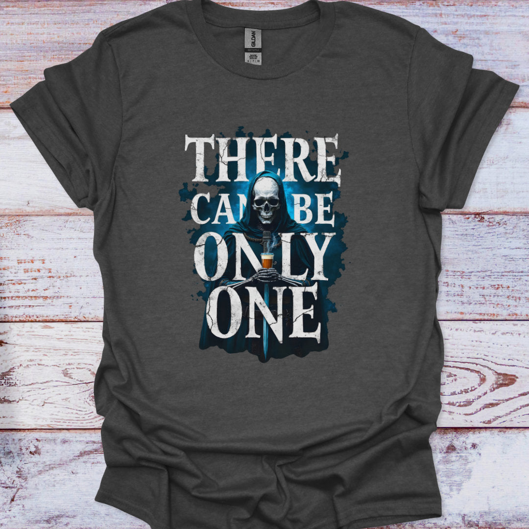 Dark gray t-shirt with a skull and text graphic on a wooden surface