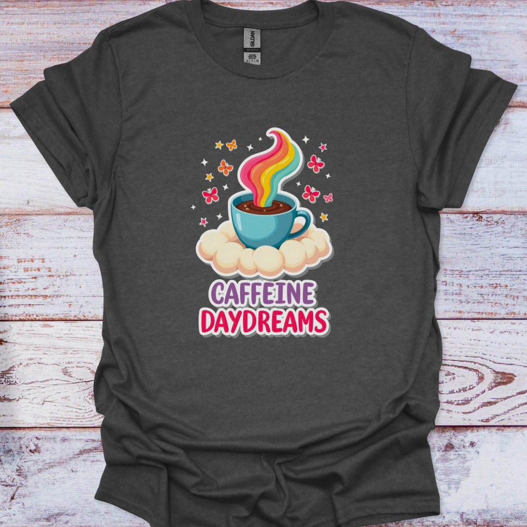 Dark gray t-shirt with a colorful coffee cup graphic and 'Caffeine Daydreams' text on a wooden surface.
