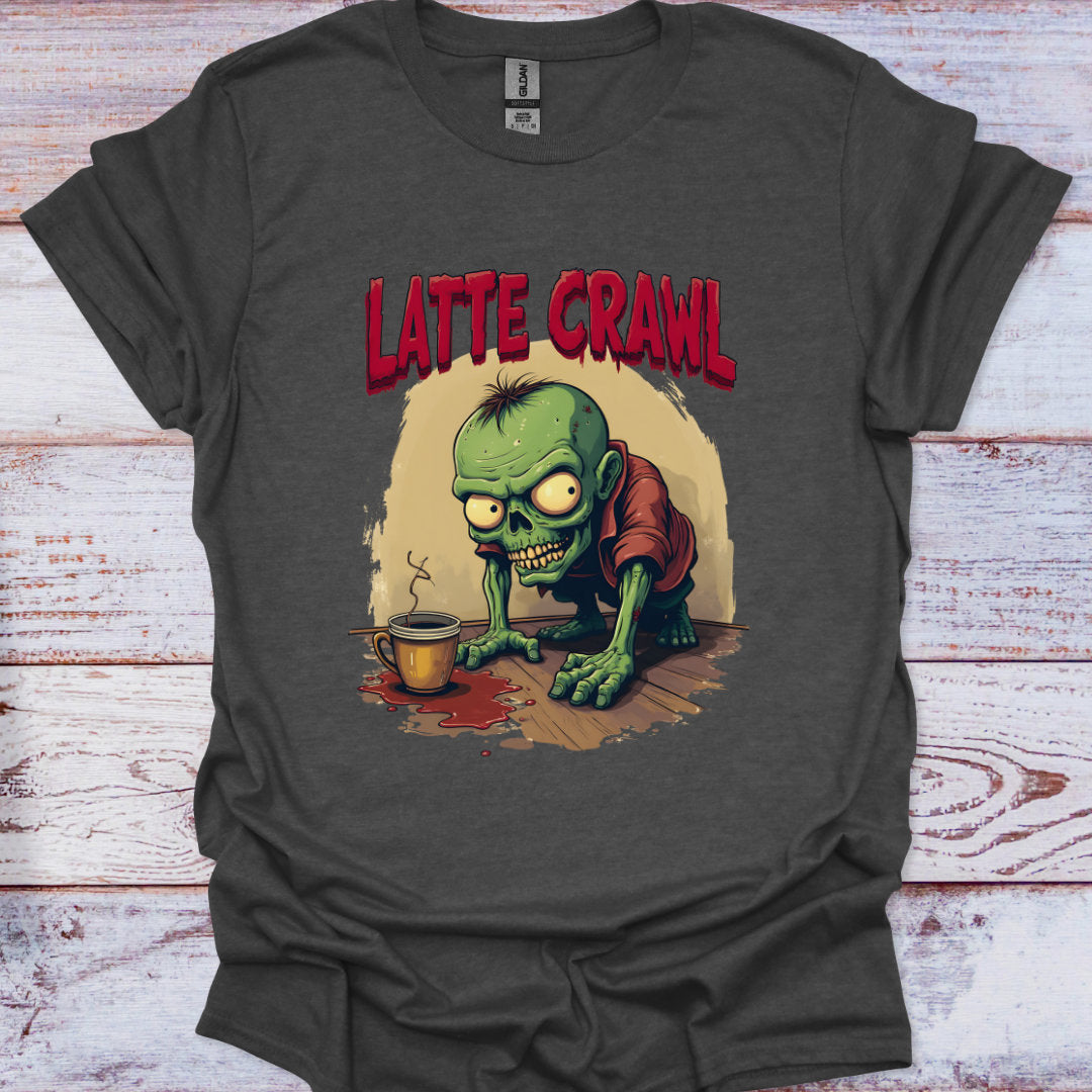 Gray t-shirt with a graphic of a green monster and 'Latte Crawl' text on a wooden surface.