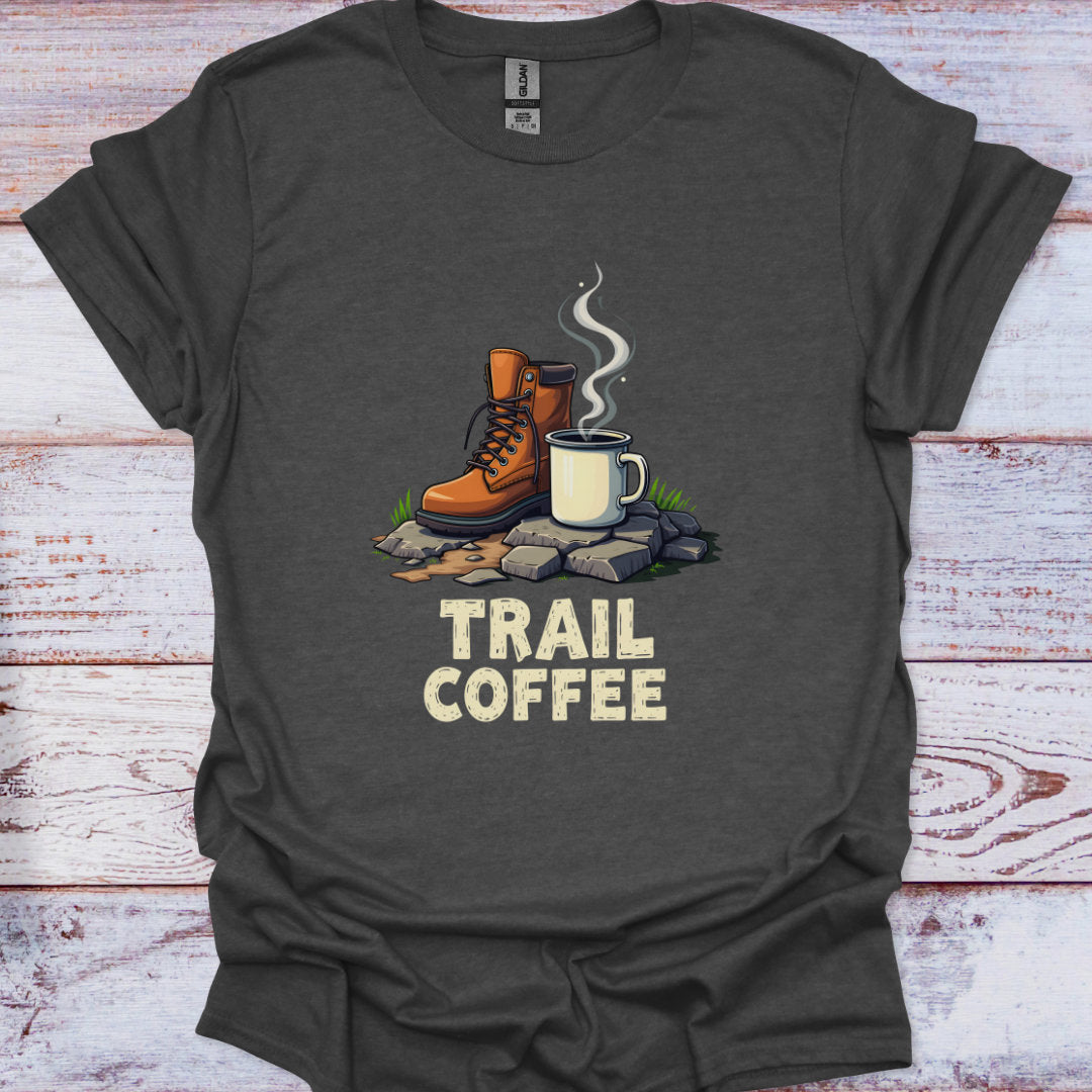 Dark gray t-shirt with 'Trail Coffee' graphic featuring hiking boots and a mug on a wooden background