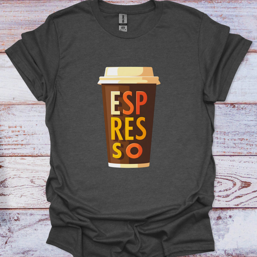 Dark gray t-shirt with a coffee cup graphic and 'ESPRESSO' text on a wooden surface