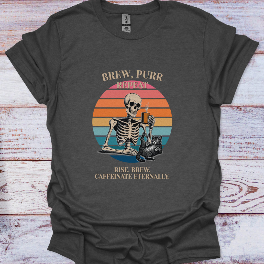 Dark gray t-shirt with a skeleton and cat design and text on a wooden surface
