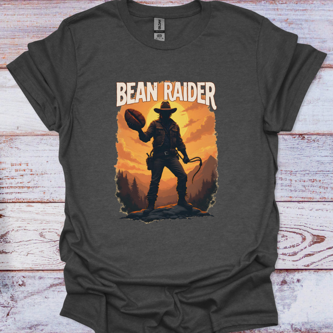 Dark gray t-shirt with 'Bean Raider' graphic design featuring a cowboy silhouette against an orange sunset.