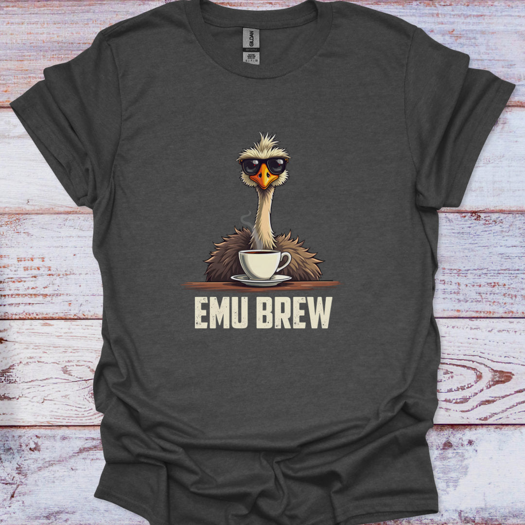 Dark gray t-shirt with an emu holding a coffee cup and 'EMU BREW' text on a wooden surface.