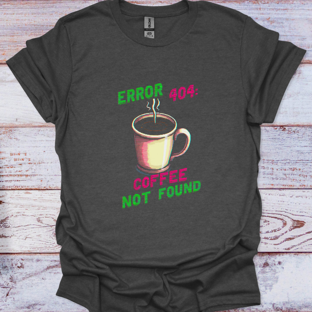 Dark gray t-shirt with a coffee cup graphic and text on a wooden surface