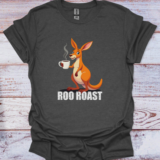 Gray t-shirt with a kangaroo holding a coffee cup and 'Roo Roast' text on a wooden surface