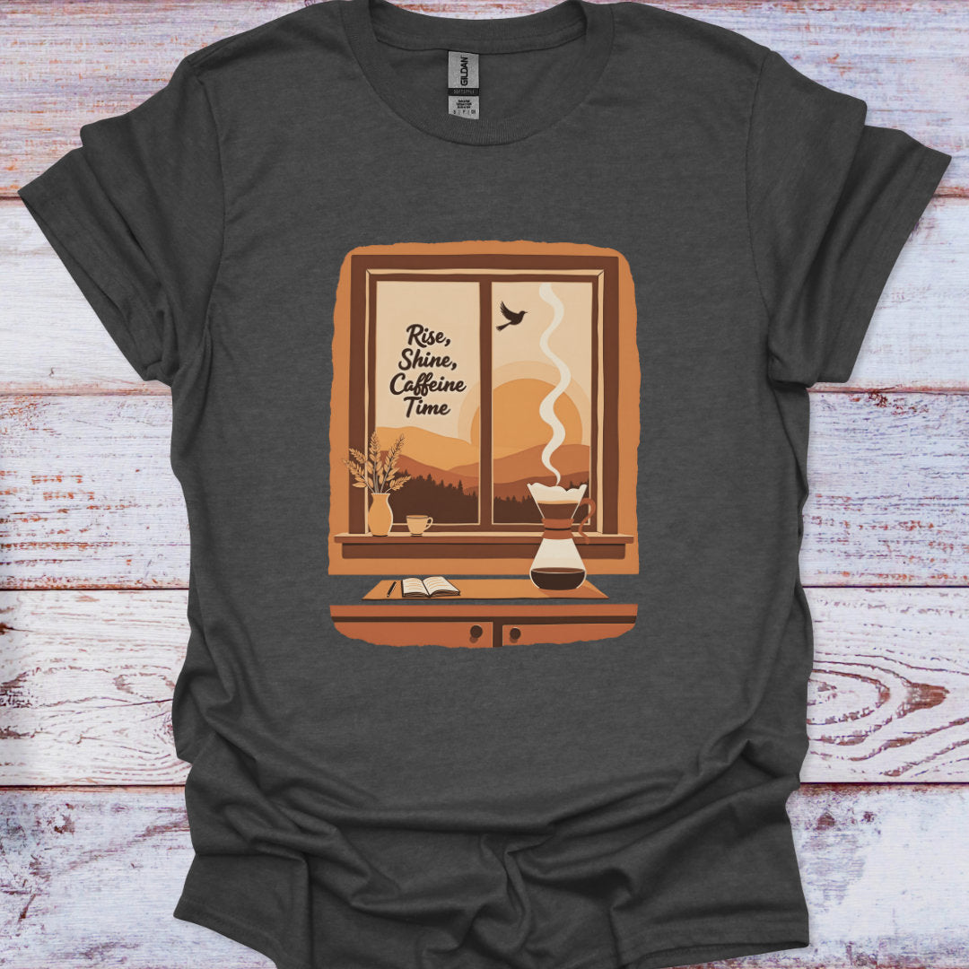 Dark gray t-shirt with a coffee-themed graphic on a wooden surface