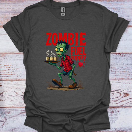 Gray t-shirt with a zombie graphic and 'Zombie Fuel Supply' text on a wooden surface