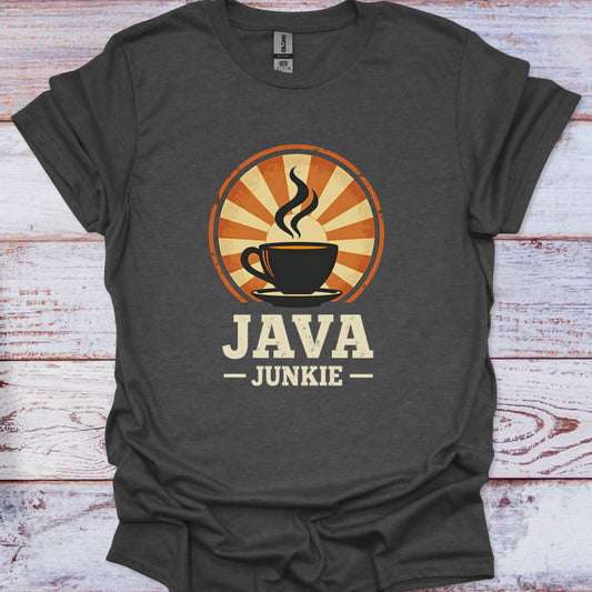 Dark gray t-shirt with 'JAVA JUNKIE' graphic on a wooden surface
