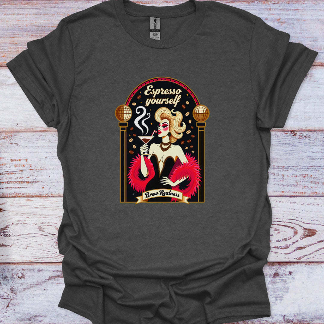 Dark gray t-shirt with a graphic design of a woman holding a coffee cup and text 'Expresso yourself Brew Realness' on a wooden surface.