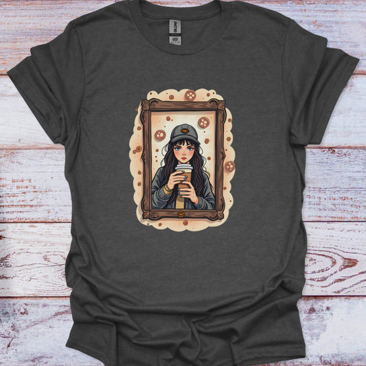 Dark gray t-shirt with a graphic of a woman holding a coffee cup in a wooden frame on a wooden surface.
