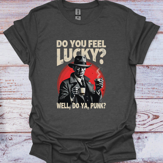 Dark gray t-shirt with graphic design and text on a wooden surface