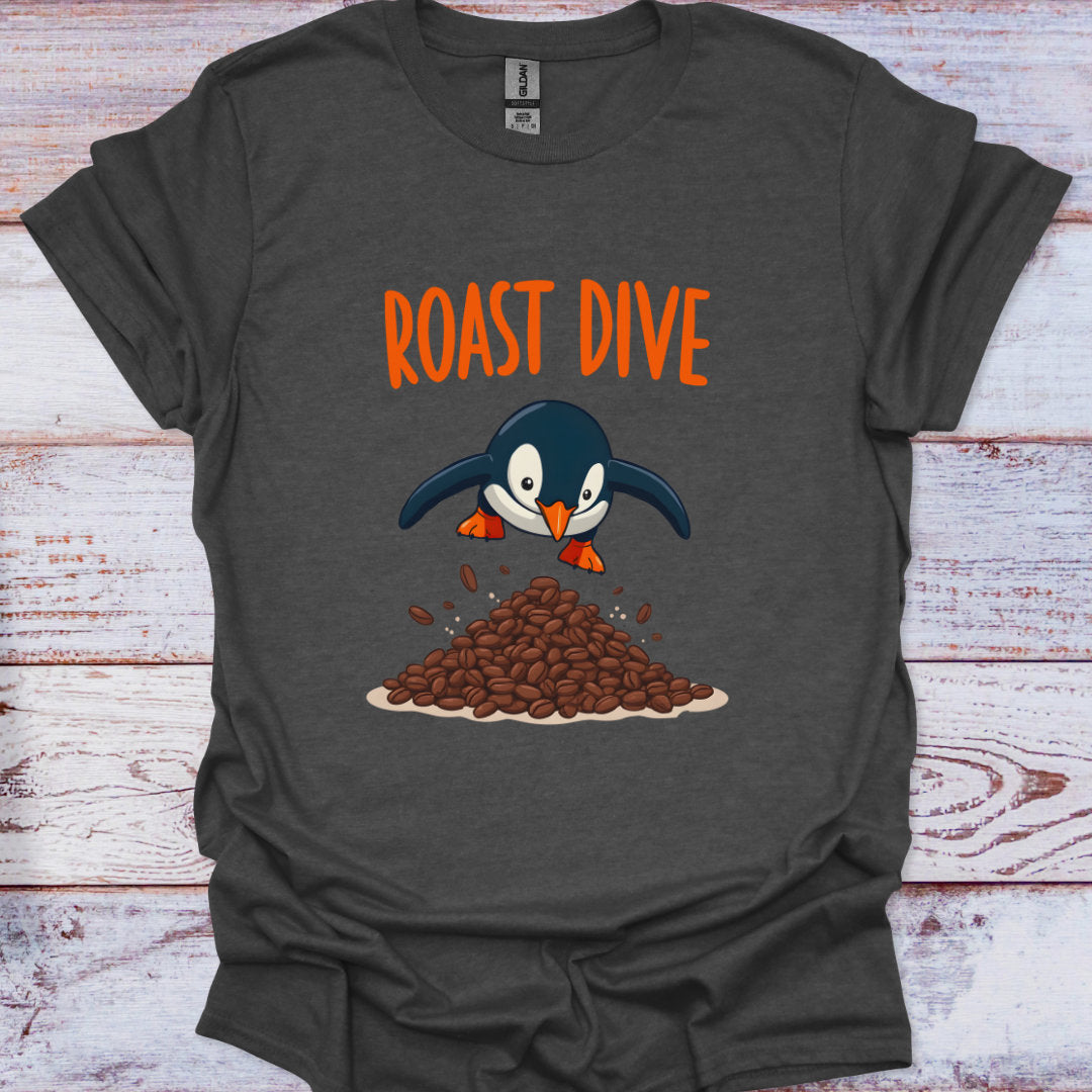 Dark gray t-shirt with a penguin graphic and 'Roast Dive' text on a wooden surface