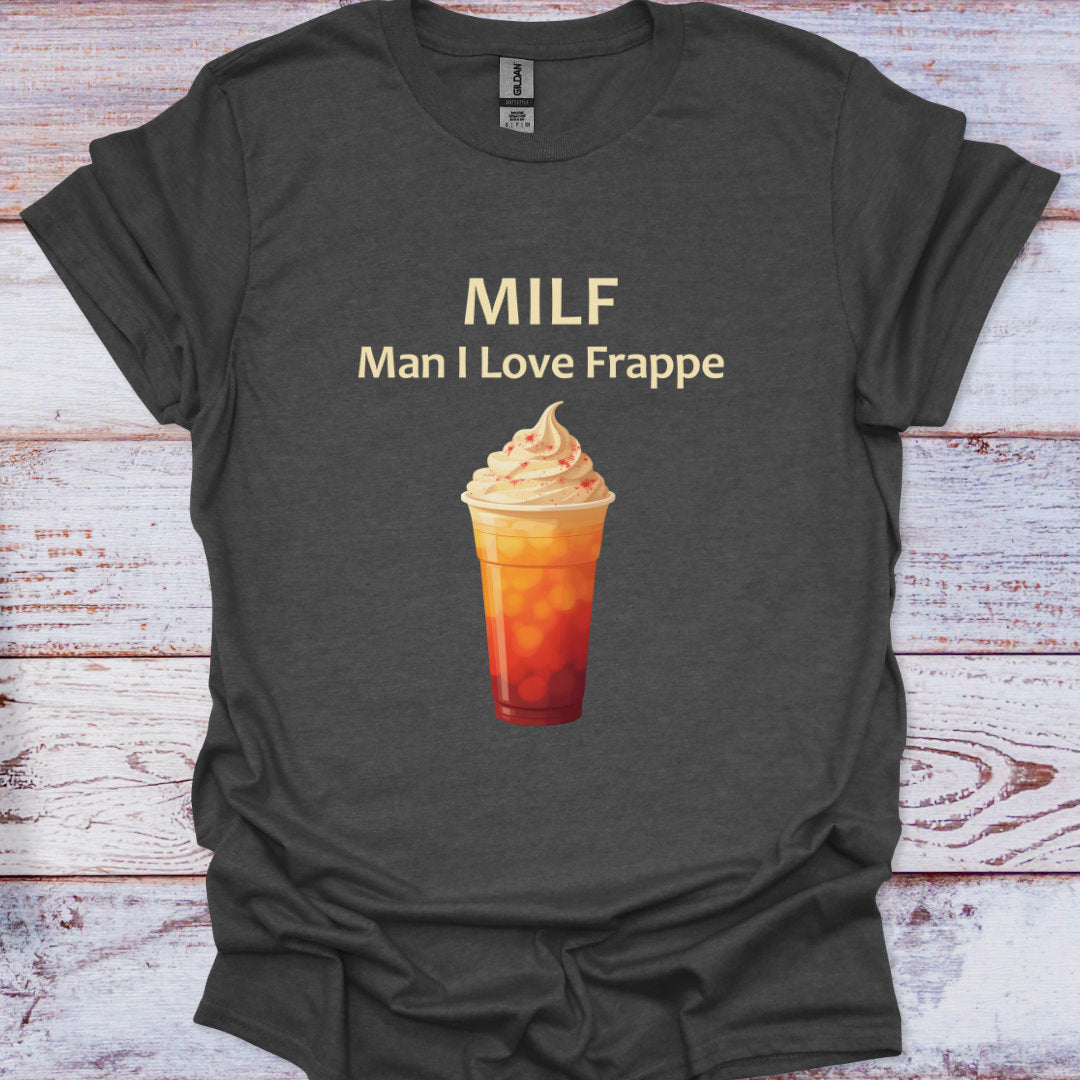 Dark gray t-shirt with a graphic of a frappe and text on a wooden surface