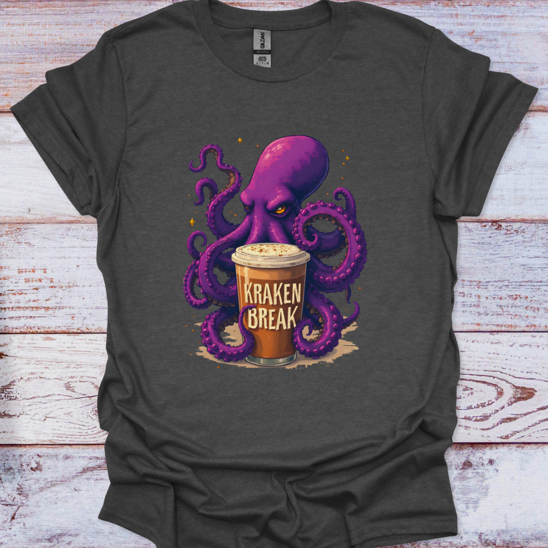 Dark gray t-shirt with a purple octopus holding a Kraken Break cup on a wooden surface