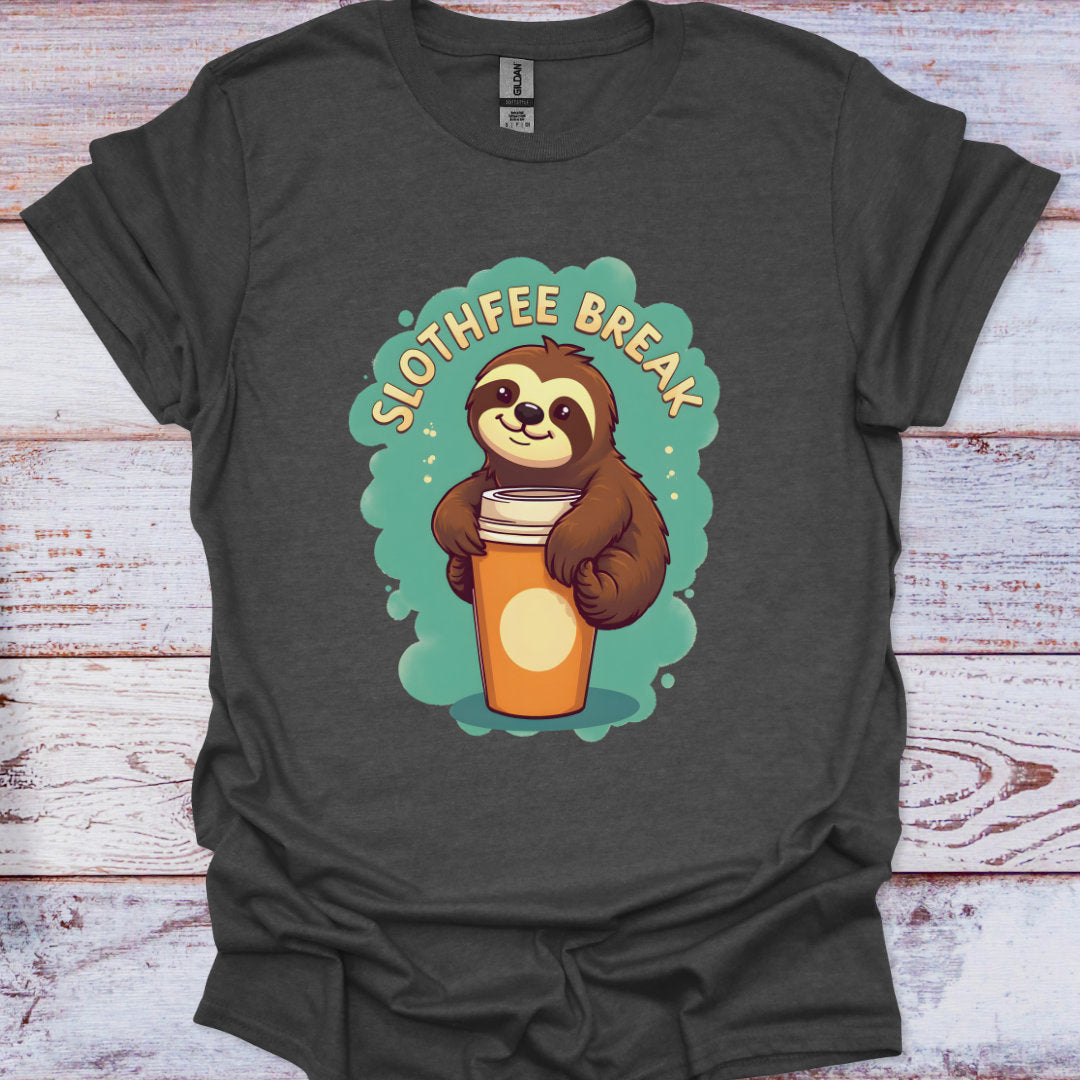 Dark gray t-shirt with a sloth holding a coffee cup graphic and 'Slothfee Break' text on a wooden surface.