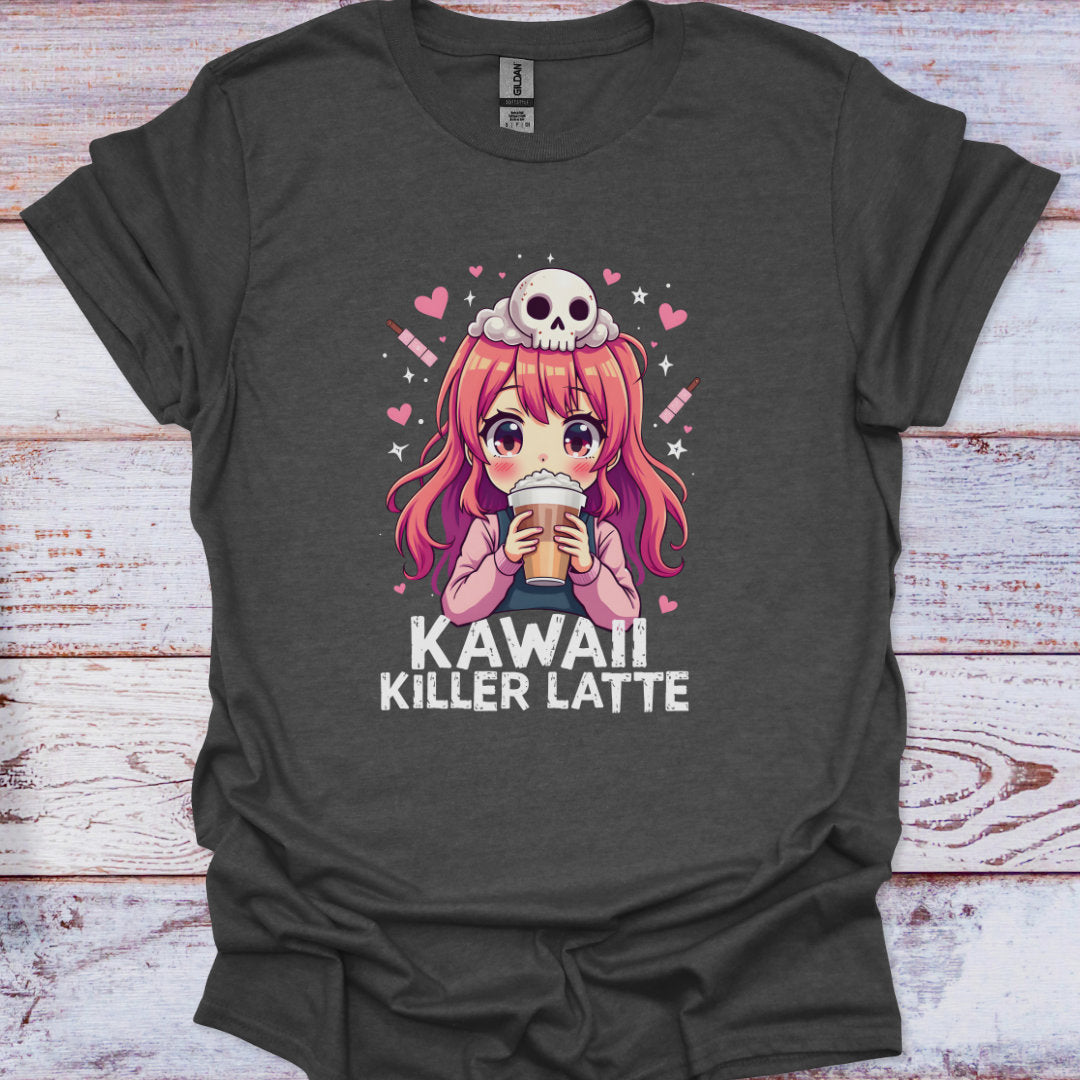 Dark gray t-shirt with an anime character holding a skull-shaped cup and 'Kawaii Killer Latte' text on a wooden surface.