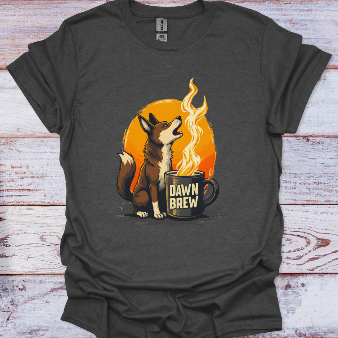 Dark gray t-shirt with a graphic of a dog next to a mug labeled 'Dawn Brew' on a wooden surface.
