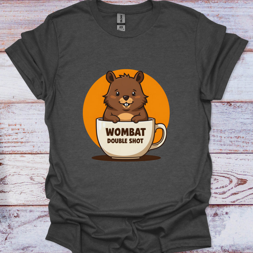 Dark gray t-shirt with a cartoon wombat in a coffee cup on an orange background
