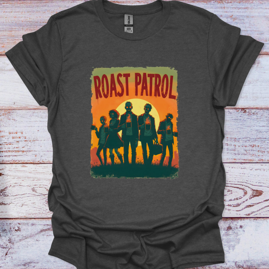 Gray t-shirt with 'Roast Patrol' graphic design on a wooden surface